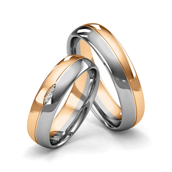 Set Bicolor trouwringen in grijsgoud 14 kt. roségoud 14 kt. met in totaal 0,02 ct. Briljant tw/si van Merii