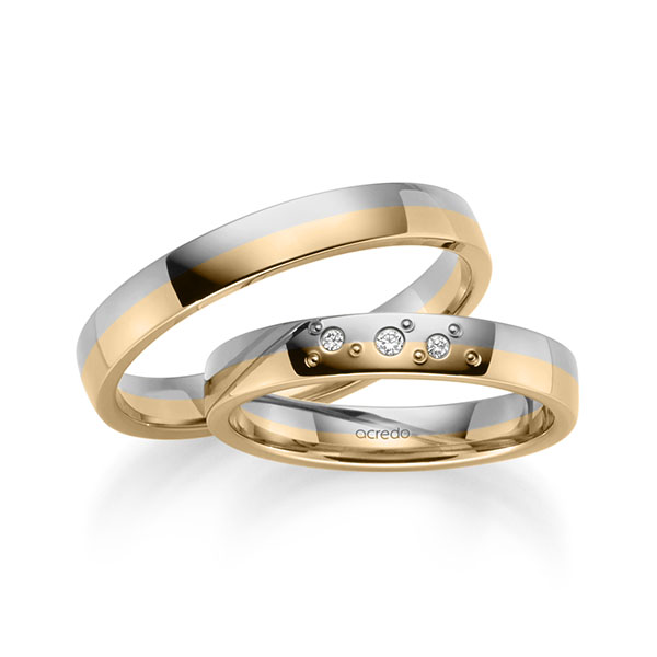 Set Bicolor trouwringen in grijsgoud 14 kt. roségoud 14 kt. met in totaal 0,031 ct. Briljant tw/si van acredo