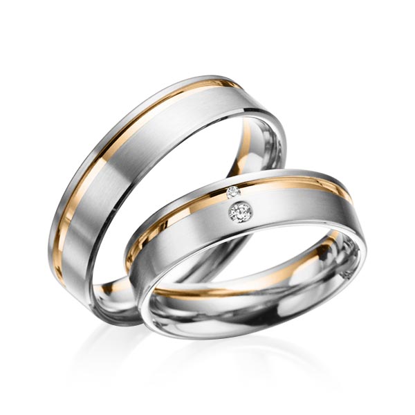Set Bicolor trouwringen in grijsgoud 14 kt. roségoud 14 kt. met in totaal 0,038 ct. Briljant tw/si van acredo - A-3013-10 Set Bicolor trouwringen in grijsgoud 14 kt. roségoud 14 kt. met in totaal 0,038 ct. Briljant tw/si van acredo - A-3013-10