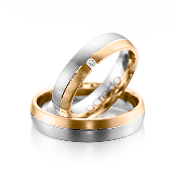 Set Bicolor trouwringen in grijsgoud 14 kt. roségoud 14 kt. met in totaal 0,03 ct. Briljant tw/si van acredo - A-1070-5
