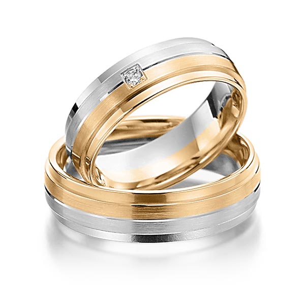 Set Bicolor trouwringen in grijsgoud 14 kt. roségoud 14 kt. met in totaal 0,03 ct. Briljant tw/si van Steinberg - T-1138-12