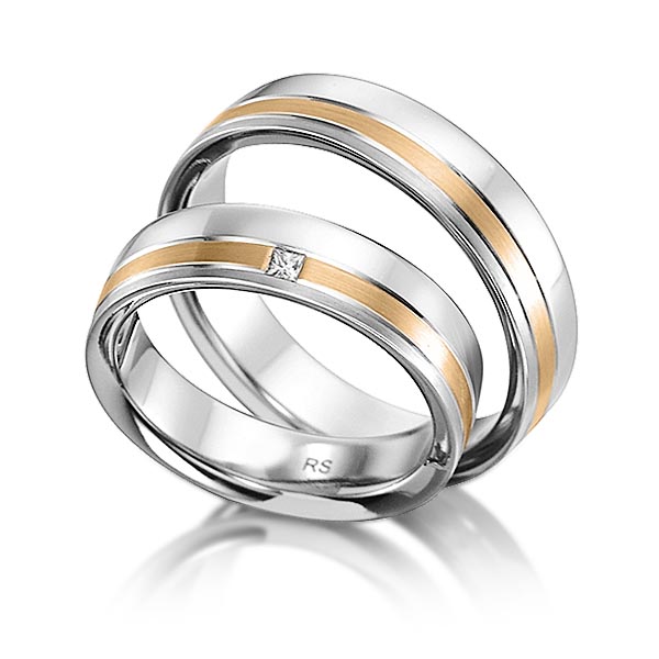 Set Bicolor trouwringen in grijsgoud 14 kt. roségoud 14 kt. met in totaal 0,03 ct. Princess-Diamant tw,vs van acredo - S-1130-9