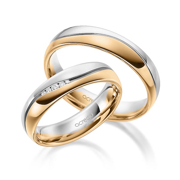 Set Bicolor trouwringen in grijsgoud 14 kt. roségoud 14 kt. met in totaal 0,041 ct. Briljant tw/si van acredo