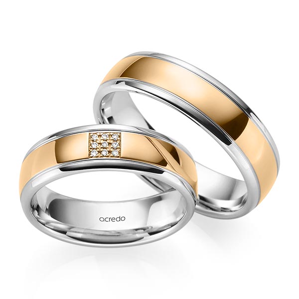 Set Bicolor trouwringen in grijsgoud 14 kt. roségoud 14 kt. met in totaal 0,045 ct. Briljant tw/si van acredo Set Bicolor trouwringen in grijsgoud 14 kt. roségoud 14 kt. met in totaal 0,045 ct. Briljant tw/si van acredo