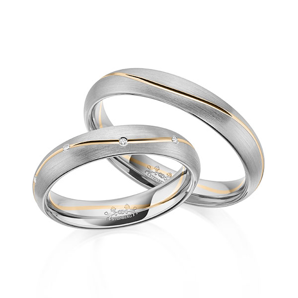 Set Bicolor trouwringen in grijsgoud 14 kt. roségoud 14 kt. met in totaal 0,045 ct. Briljant tw/si van Steinberg