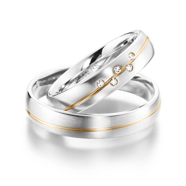 Set Bicolor trouwringen in grijsgoud 14 kt. roségoud 14 kt. met in totaal 0,04 ct. Briljant tw/si van acredo - S-1143-8