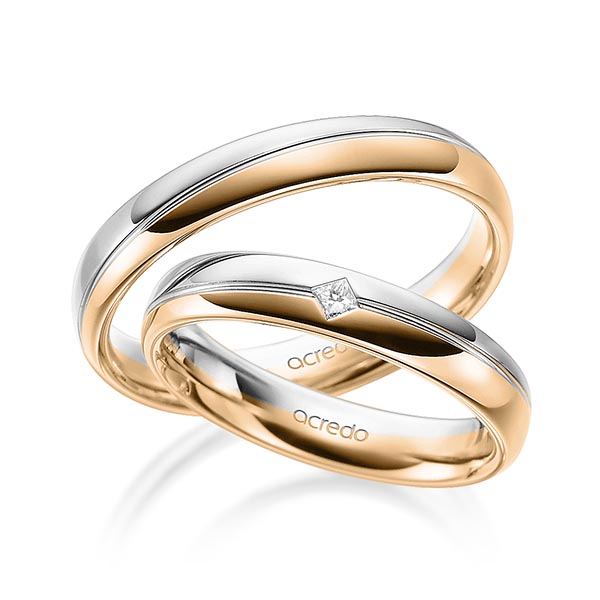 Set Bicolor trouwringen in grijsgoud 14 kt. roségoud 14 kt. met in totaal 0,04 ct. Princess-Diamant tw/si van acredo