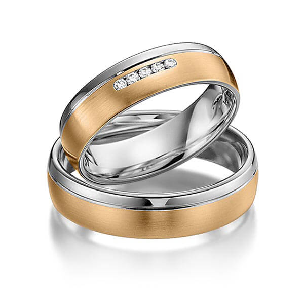 Set Bicolor trouwringen in grijsgoud 14 kt. roségoud 14 kt. met in totaal 0,05 ct. Briljant tw/si van acredo - S-1101-13