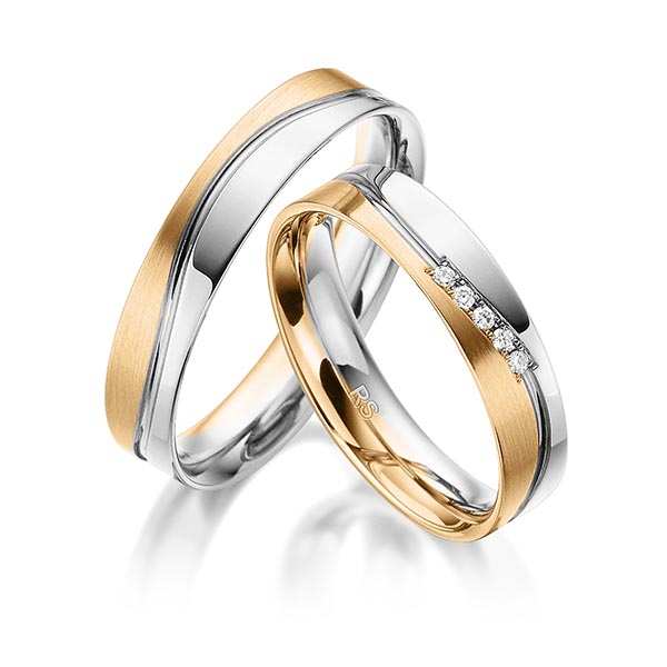 Set Bicolor trouwringen in grijsgoud 14 kt. roségoud 14 kt. met in totaal 0,05 ct. Briljant tw/si van acredo