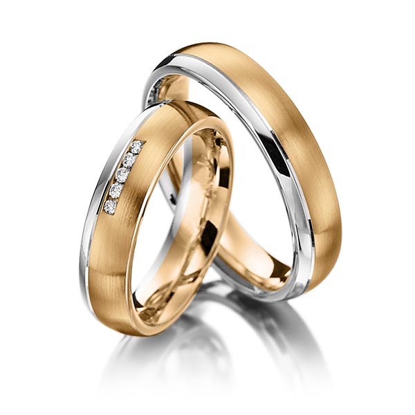 Set Bicolor trouwringen in grijsgoud 14 kt. roségoud 14 kt. met in totaal 0,05 ct. Briljant tw/si van Merii - M-1130-12 Set Bicolor trouwringen in grijsgoud 14 kt. roségoud 14 kt. met in totaal 0,05 ct. Briljant tw/si van Merii - M-1130-12
