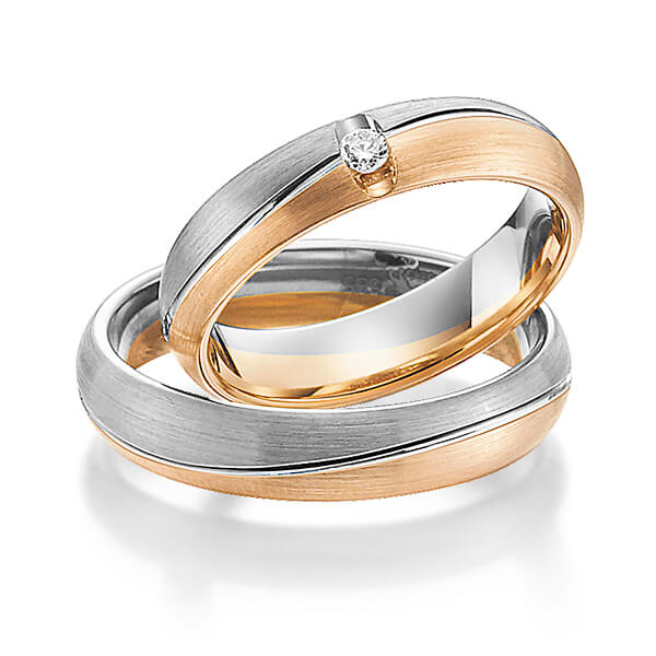 Set Bicolor trouwringen in grijsgoud 14 kt. roségoud 14 kt. met in totaal 0,05 ct. Briljant tw/si van Steinberg