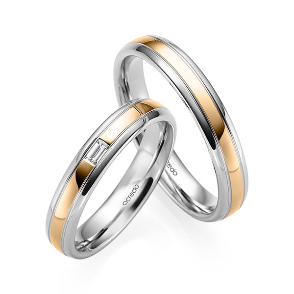 Set Bicolor trouwringen in grijsgoud 14 kt. roségoud 14 kt. met in totaal 0,06 ct. Baguette-Diamant tw,vs van acredo