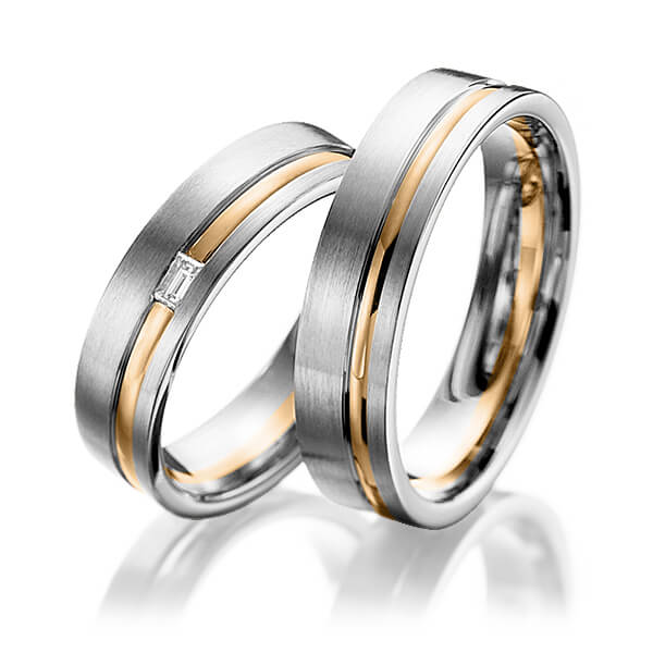 Set Bicolor trouwringen in grijsgoud 14 kt. roségoud 14 kt. met in totaal 0,06 ct. Baguette-Diamant tw,vs van Eternal Touch - Y-1104-11