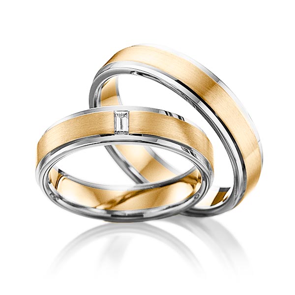 Set Bicolor trouwringen in grijsgoud 14 kt. roségoud 14 kt. met in totaal 0,06 ct. Baguette-Diamant tw,vs van Eternal Touch - Y-1107-12 Set Bicolor trouwringen in grijsgoud 14 kt. roségoud 14 kt. met in totaal 0,06 ct. Baguette-Diamant tw,vs van Eternal Touch - Y-1107-12