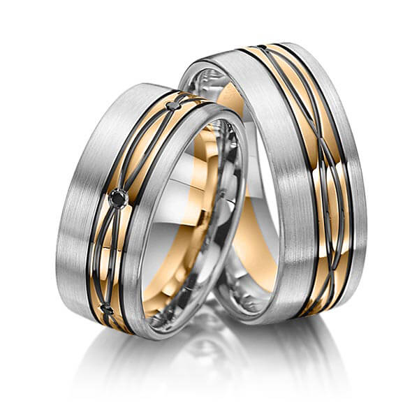 Set Bicolor trouwringen in grijsgoud 14 kt. roségoud 14 kt. met in totaal 0,06 ct. Briljant Zwart van Merii