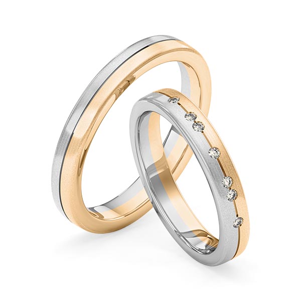 Set Bicolor trouwringen in grijsgoud 14 kt. roségoud 14 kt. met in totaal 0,07 ct. Briljant tw,vs van Merii