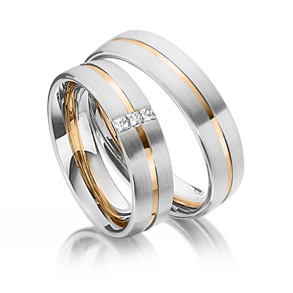 Set Bicolor trouwringen in grijsgoud 14 kt. roségoud 14 kt. met in totaal 0,09 ct. Princess-Diamant tw/si van Steinberg