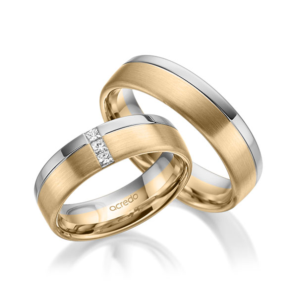 Set Bicolor trouwringen in grijsgoud 14 kt. roségoud 14 kt. met in totaal 0,12 ct. Princess-Diamant tw/si van acredo