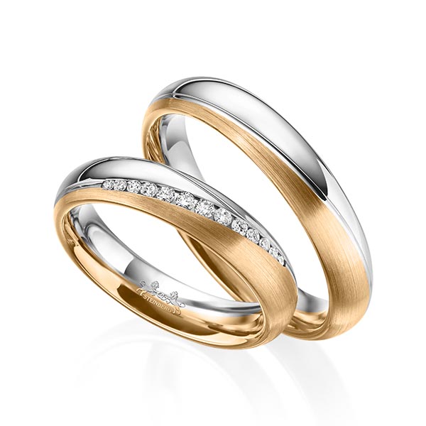 Set Bicolor trouwringen in grijsgoud 14 kt. roségoud 14 kt. met in totaal 0,14 ct. Briljant tw/si van Steinberg