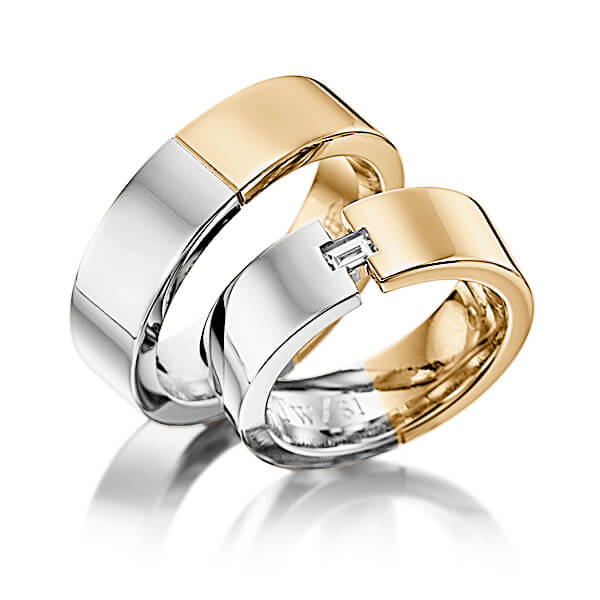 Set Bicolor trouwringen in grijsgoud 14 kt. roségoud 14 kt. met in totaal 0,15 ct. Baguette-Diamant tw,vs van Eternal Touch