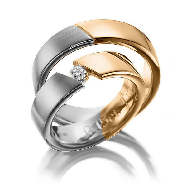 Set Bicolor trouwringen in grijsgoud 14 kt. roségoud 14 kt. met in totaal 0,15 ct. Briljant tw/si van Eternal Touch