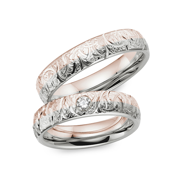 Set Bicolor trouwringen in grijsgoud 14 kt. roségoud 14 kt. met in totaal 0,1 ct. Briljant tw/si van Merii