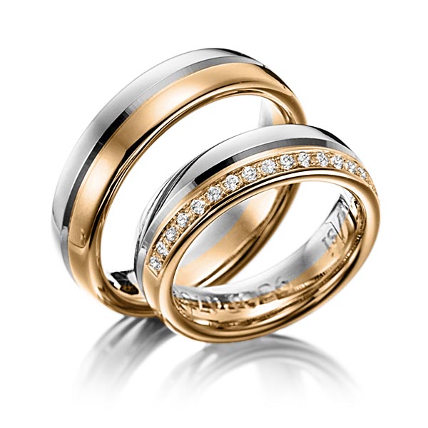 Set Bicolor trouwringen in grijsgoud 14 kt. roségoud 14 kt. met in totaal 0,225 ct. Briljant tw/si van Eternal Touch