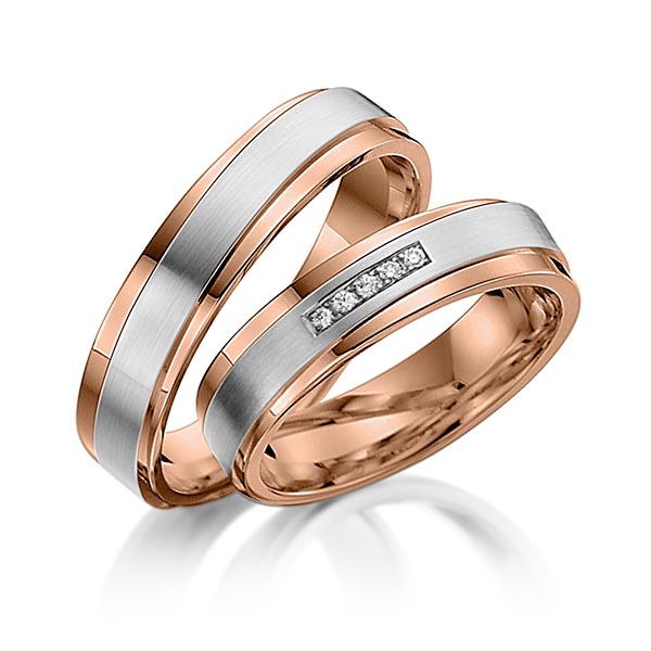 Set Bicolor trouwringen in inside roodgoud 14 kt. , outside roodgoud 14 kt. grijsgoud 14 kt. met in totaal 0,025 ct. Briljant tw/si van acredo