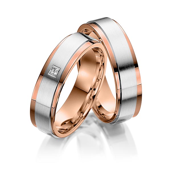 Set Bicolor trouwringen in inside roodgoud 18 kt. , outside roodgoud 18 kt. platina 950 met in totaal 0,03 ct. Princess-Diamant tw,vs van acredo