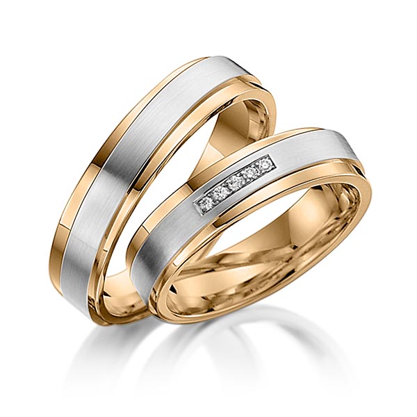 Set Bicolor trouwringen in inside roségoud 14 kt. , outside roségoud 14 kt. grijsgoud 14 kt. met in totaal 0,025 ct. Briljant tw/si van acredo