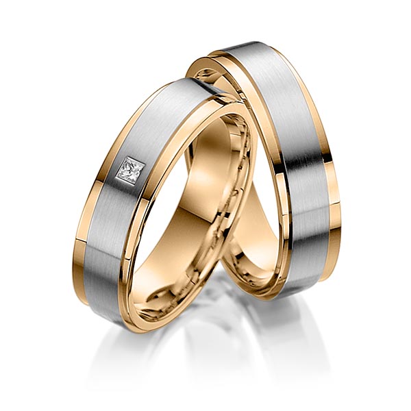 Set Bicolor trouwringen in inside roségoud 14 kt. , outside roségoud 14 kt. grijsgoud 14 kt. met in totaal 0,03 ct. Princess-Diamant tw,vs van acredo