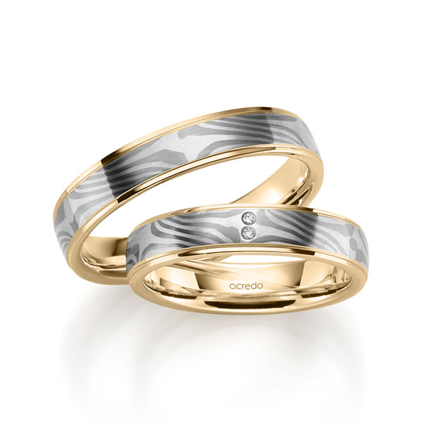 Set Bicolor trouwringen in Mokume Gane palladium 500, zilver 925 Basis-Ring roségoud 18 kt. met in totaal 0,01 ct. Briljant tw,vs van acredo