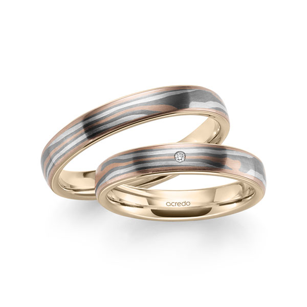 Set Bicolor trouwringen in Mokume Gane roodgoud 14 kt., zilver 925, palladium 500 Basis-Ring Signature Goud 585 met in totaal 0,01 ct. Briljant tw,vs van acredo