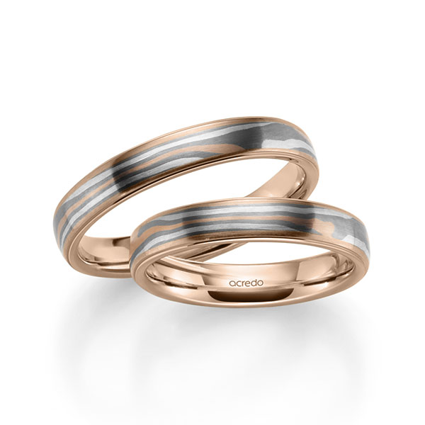 Set Bicolor trouwringen in Mokume Gane roodgoud 18 kt., zilver 925, palladium 500 Basis-Ring roodgoud 18 kt. van acredo