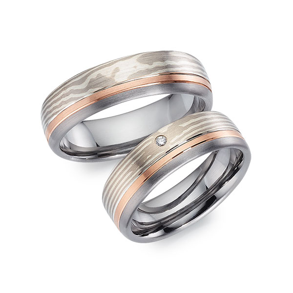 Set Bicolor trouwringen in Mokume Gane silver 925 palladium 500 roodgoud 14 kt. Tantalum met in totaal 0,02 ct. Briljant tw/si - UQ-1135-1