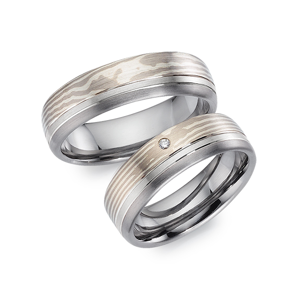 Set Bicolor trouwringen in Mokume Gane silver 925 palladium 500 witgoud 14 kt. Tantalum met in totaal 0,02 ct. Briljant tw/si - UQ-1135-4
