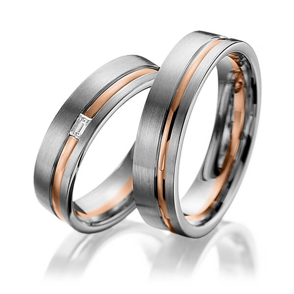 Set Bicolor trouwringen in palladium 14 kt. roodgoud 14 kt. met in totaal 0,06 ct. Baguette-Diamant tw,vs van Eternal Touch - Y-1104-1 Set Bicolor trouwringen in palladium 14 kt. roodgoud 14 kt. met in totaal 0,06 ct. Baguette-Diamant tw,vs van Eternal Touch - Y-1104-1