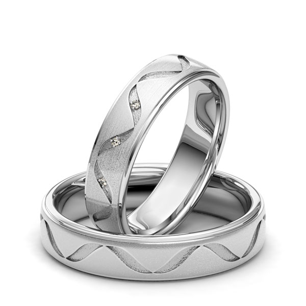 Set Bicolor trouwringen in palladium 14 kt. zilver 925 Laser Structuur met in totaal 0,015 ct. Briljant tw/si van Eternal Touch