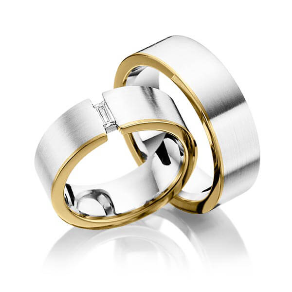 Set Bicolor trouwringen in palladium 950 geelgoud 18 kt. met in totaal 0,1 ct. Baguette-Diamant tw,vs van Eternal Touch