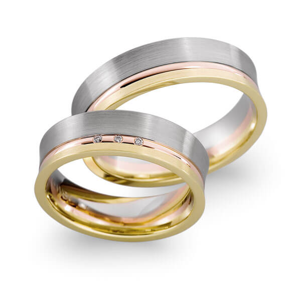 Set Bicolor trouwringen in palladium 950 roodgoud 14 kt. geelgoud 14 kt. met in totaal 0,015 ct. Briljant tw,vs van acredo