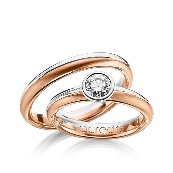 Set Bicolor trouwringen in palladium 950 roodgoud 18 kt. met 0,5 ct. Briljanten tw/si van acredo