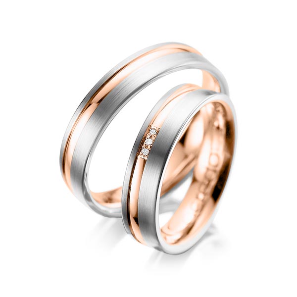 Set Bicolor trouwringen in palladium 950 roodgoud 18 kt. met in totaal 0,015 ct. Briljant tw/si van acredo - A-1039-14