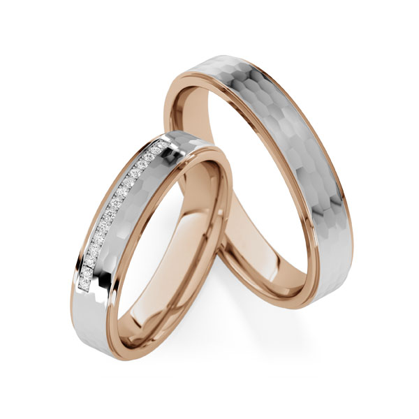 Set Bicolor trouwringen in Peach-Gold 585 witgoud 14 kt. met in totaal 0,09 ct. Briljant tw/si van Steinberg