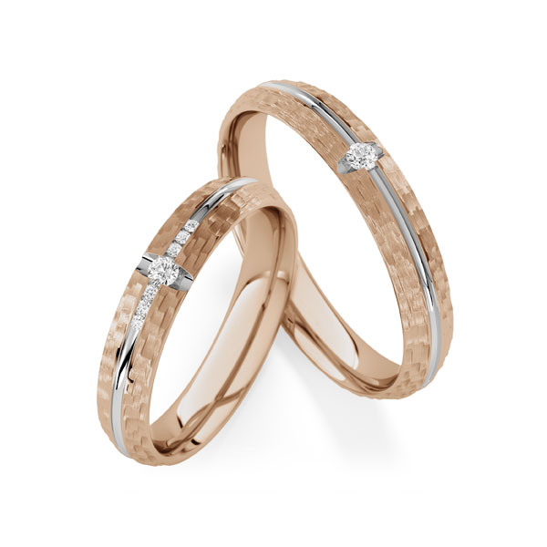 Set Bicolor trouwringen in Peach-Gold 585 witgoud 14 kt. met in totaal 0,11 ct. Briljant tw/si van Steinberg