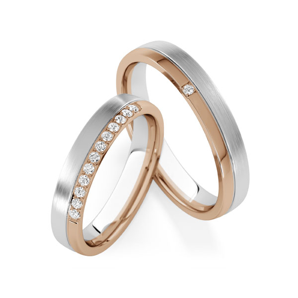 Set Bicolor trouwringen in Peach-Gold 585 witgoud 14 kt. met in totaal 0,13 ct. Briljant tw,vs van Steinberg
