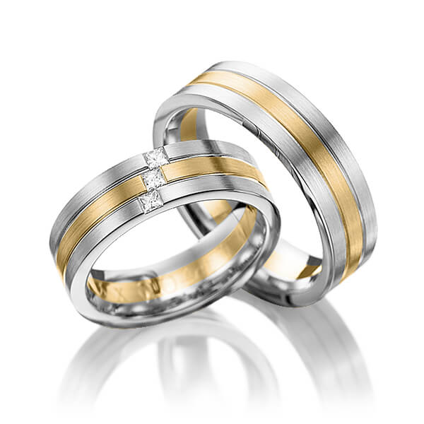 Set Bicolor trouwringen in platina 777 geelgoud 14 kt. met in totaal 0,12 ct. Princess-Diamant tw,vs van Eternal Touch - Y-1094-1