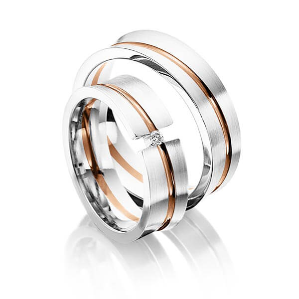 Set Bicolor trouwringen in platina 950 roodgoud 18 kt. met in totaal 0,025 ct. Briljant tw/si van Eternal Touch