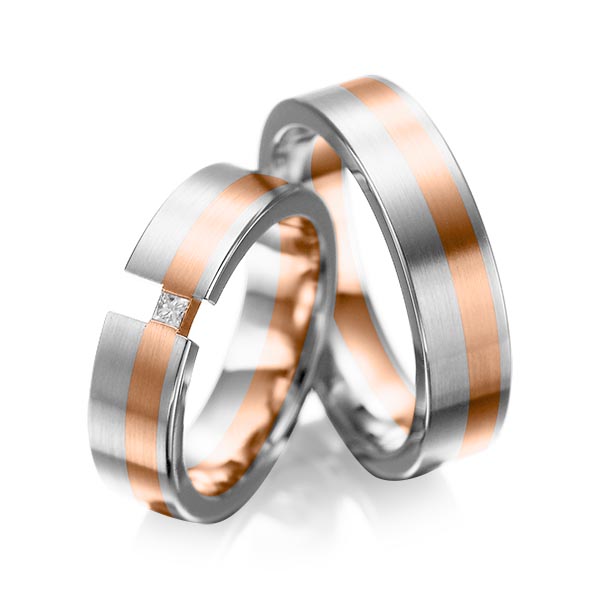 Set Bicolor trouwringen in platina 950 roodgoud 18 kt. met in totaal 0,05 ct. Princess-Diamant tw/si van acredo