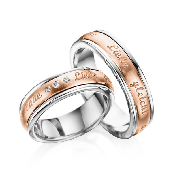 Set Bicolor trouwringen in ring palladium 950 inlay roodgoud 14 kt. met in totaal 0,06 ct. Briljant tw/si van Eternal Touch