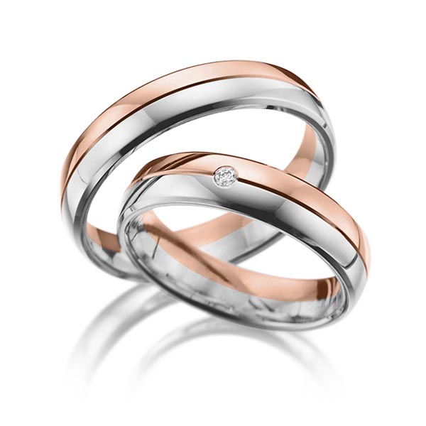 Set Bicolor trouwringen in rood 9 kt. goudhoudend metaal (37,5%) wit 9 kt. goudhoudend metaal (37,5%) met in totaal 0,01 ct. Briljant tw/si van Steinberg - Q-1029-2